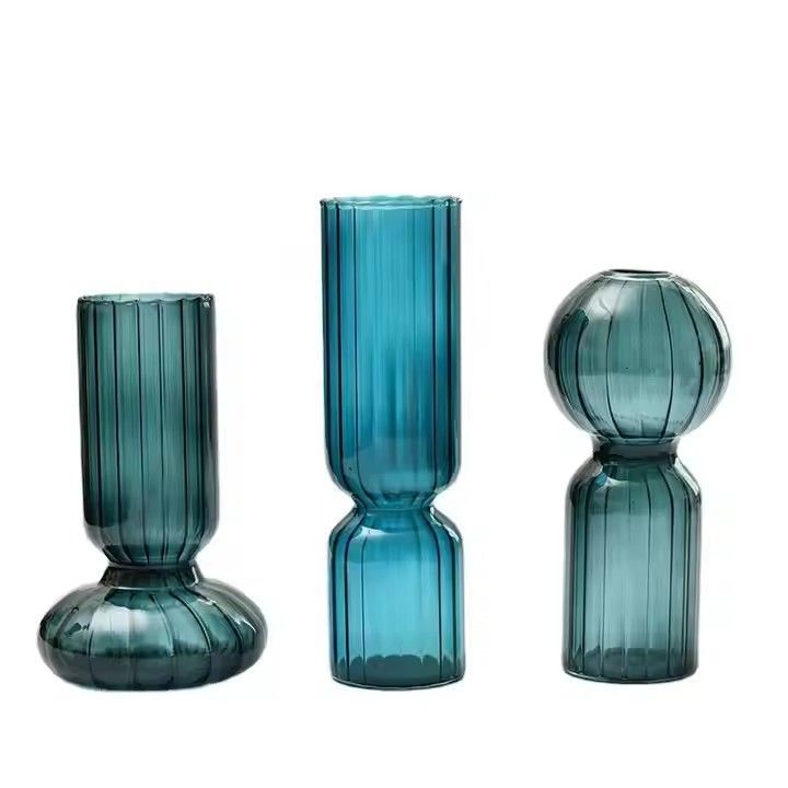 Handmade Painting Blue Colored Small Glass Vase Single Flower Glass Bud Vases Set for Wedding Decoration