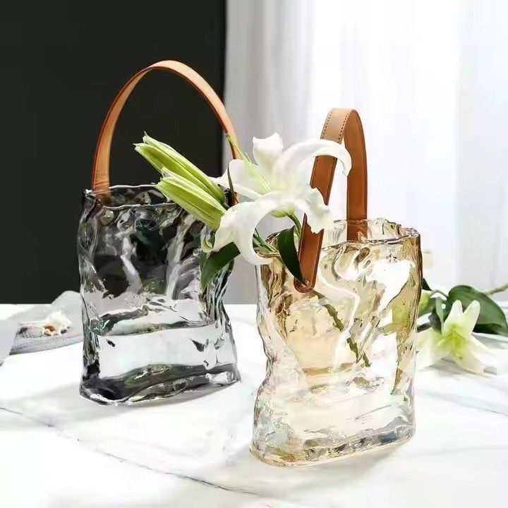 Square Leather Tote Bag Glass Vase glass bag vase Rectangular Glass Terrarium Vase With Belt Handle