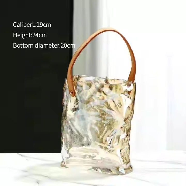 Square Leather Tote Bag Glass Vase glass bag vase Rectangular Glass Terrarium Vase With Belt Handle