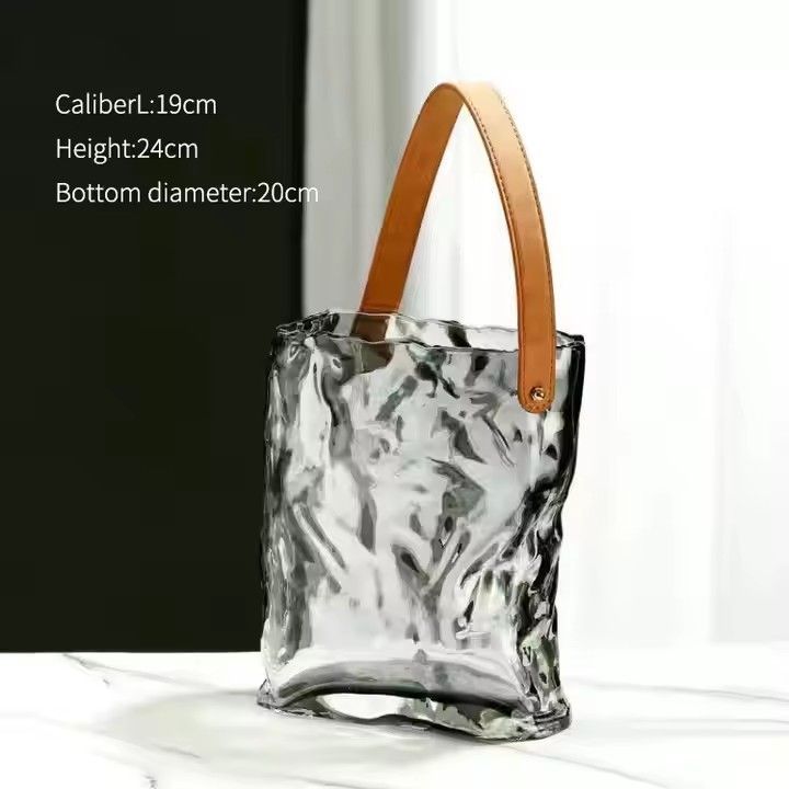 Square Leather Tote Bag Glass Vase glass bag vase Rectangular Glass Terrarium Vase With Belt Handle