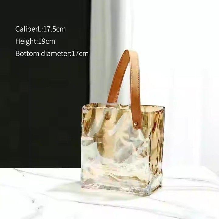 Square Leather Tote Bag Glass Vase glass bag vase Rectangular Glass Terrarium Vase With Belt Handle