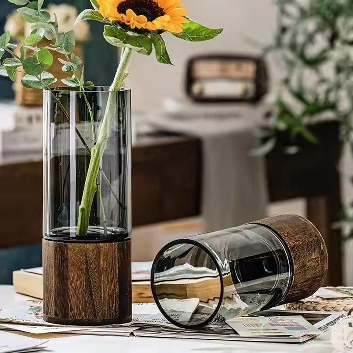 New art design customized size hand made cylinder cement glass vase with wood base for wedding home party decoration