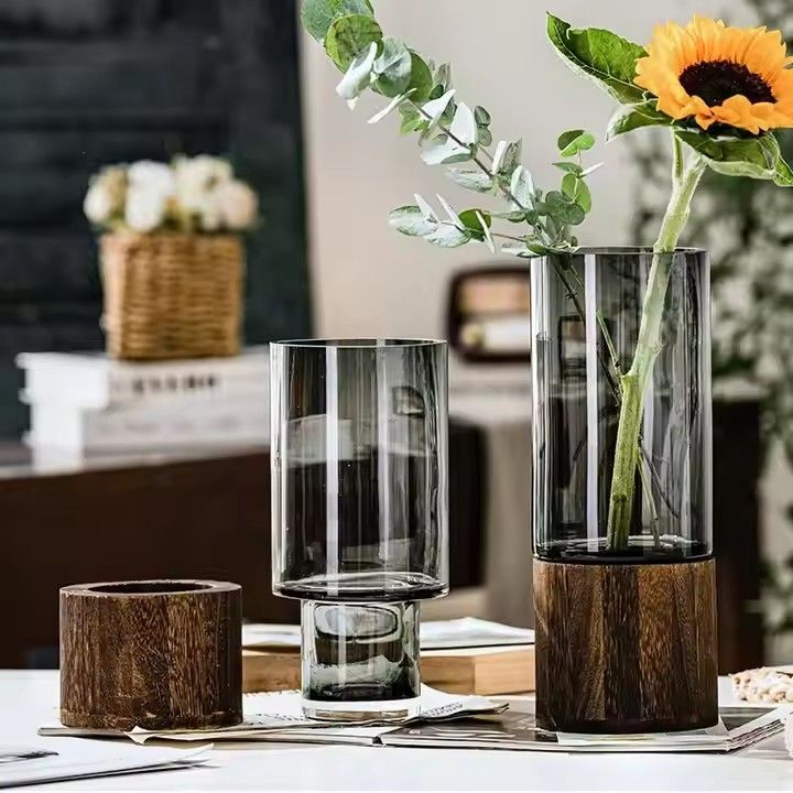 New art design customized size hand made cylinder cement glass vase with wood base for wedding home party decoration