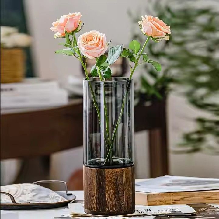 New art design customized size hand made cylinder cement glass vase with wood base for wedding home party decoration