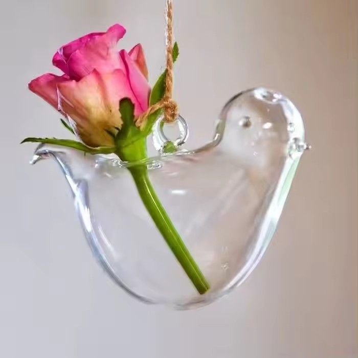 Bird shaped hanging bulk custom made glass vases with flowers