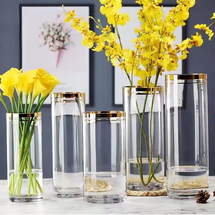 Home decor clear glass vase for flowers with gold rim