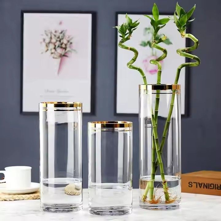 Home decor clear glass vase for flowers with gold rim