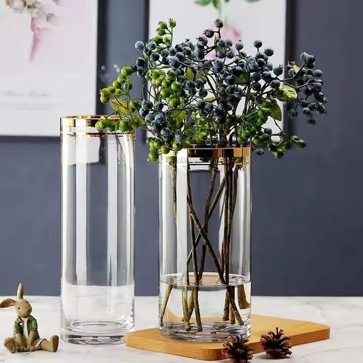 Home decor clear glass vase for flowers with gold rim