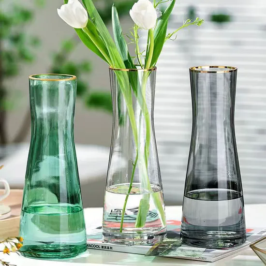 Wholesale Top Selling High Class Glass Water Bottle with Golden Rim Home Decor Flower Bottles Glass Vase for Flowers