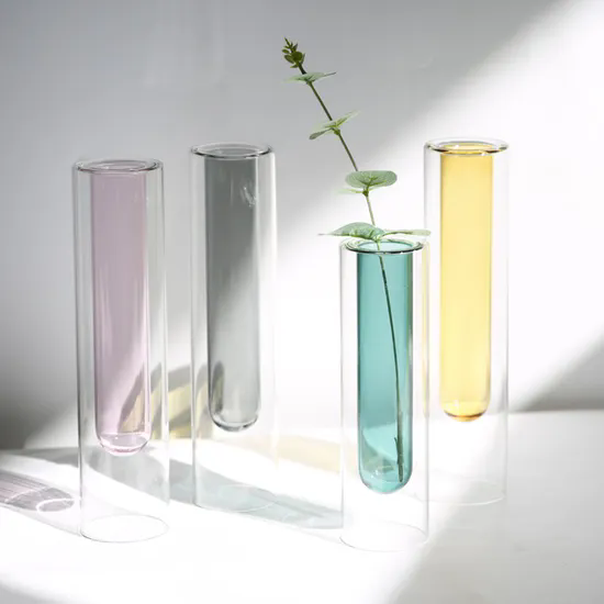 Hand Blown Tabletop Decoration Tall Double Layer Clear Colored Borosilicate Glass Tube Plant Vase for Flower Arrangements