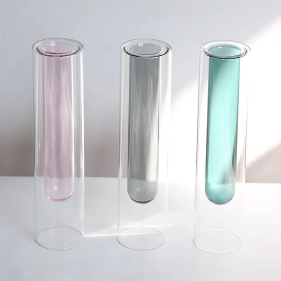 Hand Blown Tabletop Decoration Tall Double Layer Clear Colored Borosilicate Glass Tube Plant Vase for Flower Arrangements