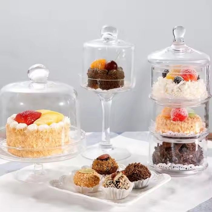 Glassware Decorative Depression Double Layer Glass Cake Plate With Lid