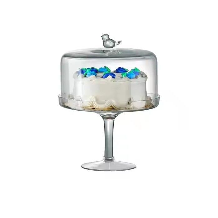 Pedestal Songbird Rotating Crystal Glass Cake Stand With Dome