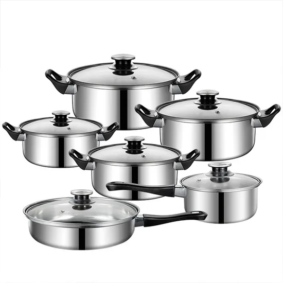 Glass Lid Home Pots and Pans Set Nonstick Cooking 12 PCS Stainless Steel Pot Cookware Set Kitchen