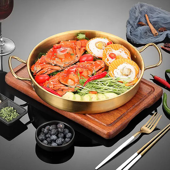 Flat Bottom Seafood Plate Cooking Pan Stainless Steel Double Ear Paella Pans