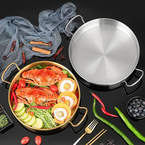 Flat Bottom Seafood Plate Cooking Pan Stainless Steel Double Ear Paella Pans