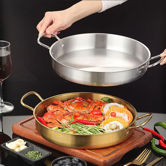 Flat Bottom Seafood Plate Cooking Pan Stainless Steel Double Ear Paella Pans