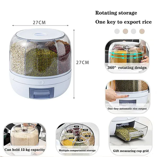 Waterproof Moisture-Proof Sealed Cereal Storage Container Box Automatic 6-Grid Rotating Rice Dispenser