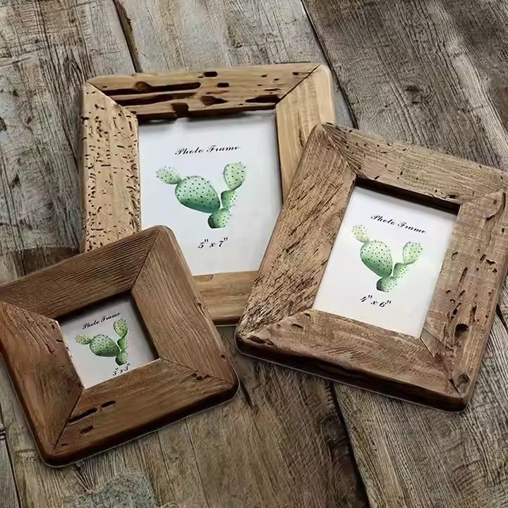 Home Decoration Picture Frames Iron Metal Table Top or Wall Mount Display Natural Square Wood Color Photo Frame