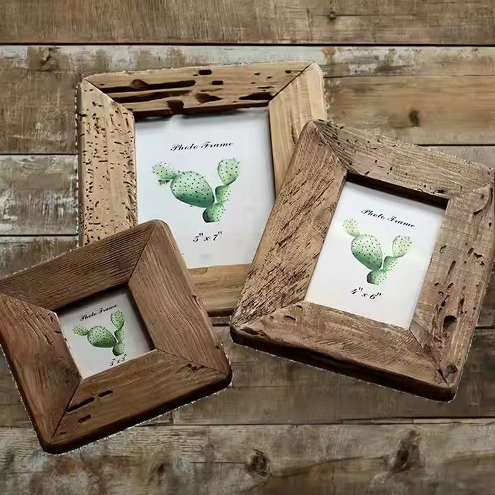 Home Decoration Picture Frames Iron Metal Table Top or Wall Mount Display Natural Square Wood Color Photo Frame