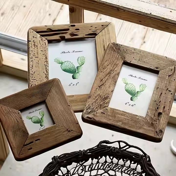 Home Decoration Picture Frames Iron Metal Table Top or Wall Mount Display Natural Square Wood Color Photo Frame