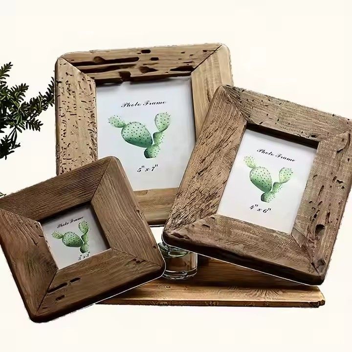 Home Decoration Picture Frames Iron Metal Table Top or Wall Mount Display Natural Square Wood Color Photo Frame