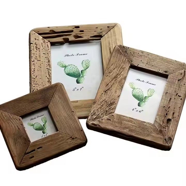 Home Decoration Picture Frames Iron Metal Table Top or Wall Mount Display Natural Square Wood Color Photo Frame