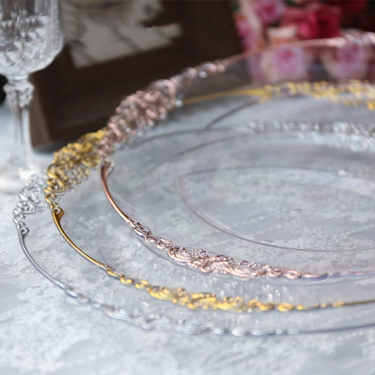 Acrylic reef gold rim clear charger plates disposable plastic dinner dish plates for wedding plate