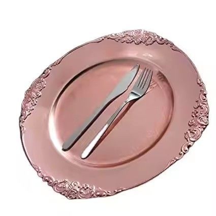 China Design Rose Gold Disposable Plastic Plates Modern Round Style Sustainable Wedding and Party Dishes Wholesale Plate Dish