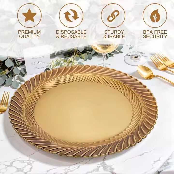 Wholesale Wedding Decoration Supplies Plastic Elegant Charger Plate 13 Inch Round Gold Reef Charger Plates