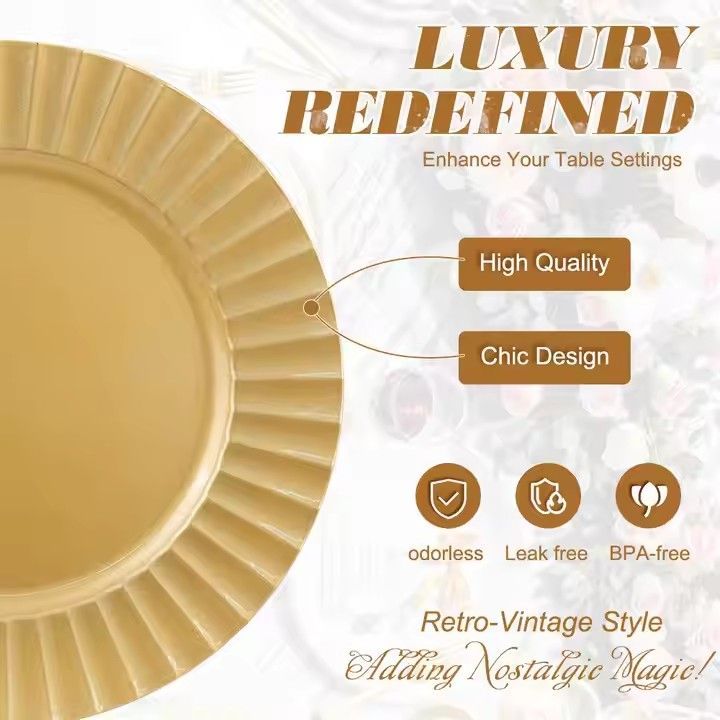 Wholesale 13 Inch Gold Reef Charger Plates Elegant Plastic Wedding Decoration Supplies Sustainable Plate Dish