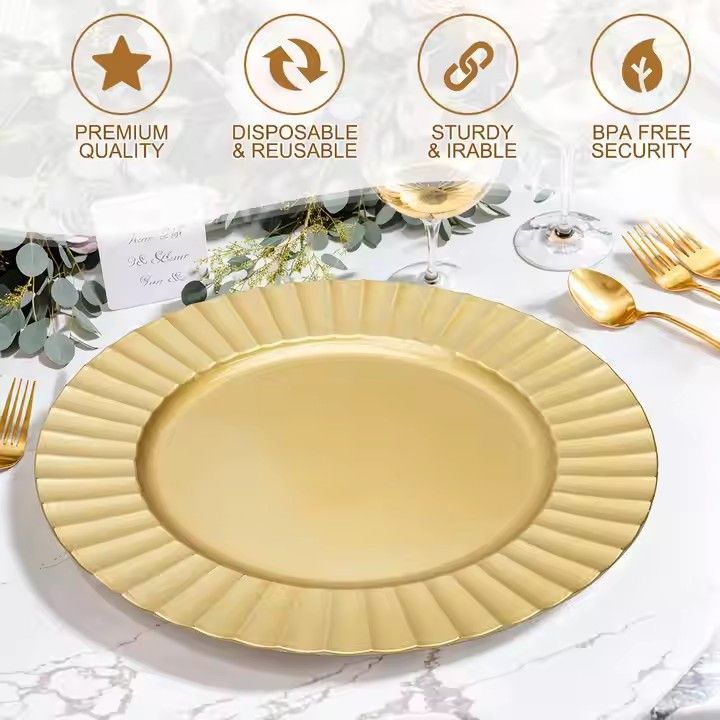 Wholesale 13 Inch Gold Reef Charger Plates Elegant Plastic Wedding Decoration Supplies Sustainable Plate Dish