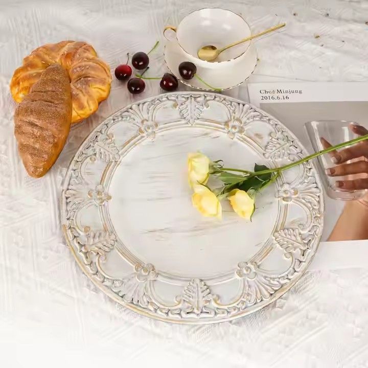 Wholesale Vintage Wash White Decor Plastic Charger Tray Wedding Banquet Table Decoration Charger Plate