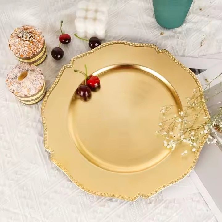 New Arrival Gold Rim Plastic Charger Plates Wedding Decoration Beaded Bulk