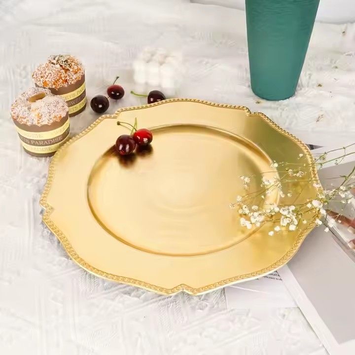 New Arrival Gold Rim Plastic Charger Plates Wedding Decoration Beaded Bulk