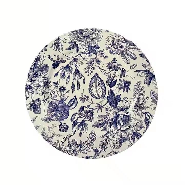 Traditional Chinese Blue-and-White Decal Design Plastic Dinner Plate Round Charger Plate for Wedding Parties Sustainable Serve