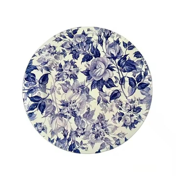 Reusable Plastic Dinner Plate Dish Blue-and-White Decal Design for Wedding Parties and Sustainable Serve Charge Plates