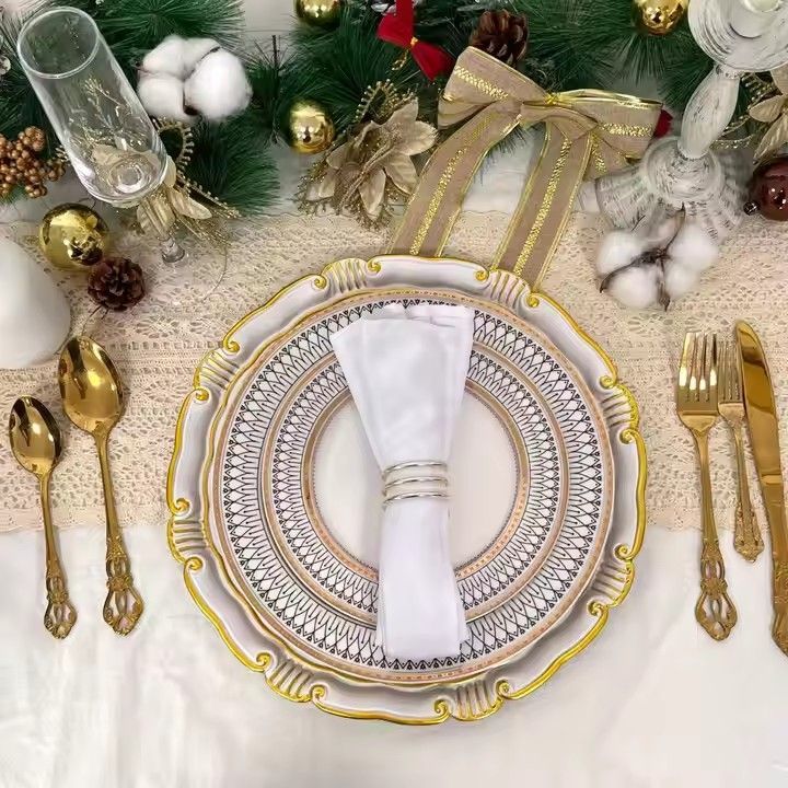 New European Style Golden Green Luxury 13 Inch Plastic Plate Wedding Event Party Dining Room Charger Plate