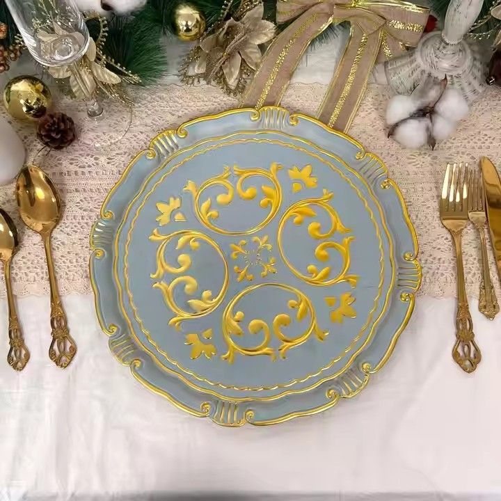 New European Style Golden Green Luxury 13 Inch Plastic Plate Wedding Event Party Dining Room Charger Plate