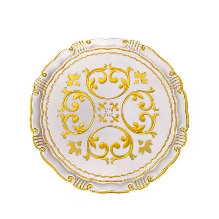 New European Style Golden Green Luxury 13 Inch Plastic Plate Wedding Event Party Dining Room Charger Plate