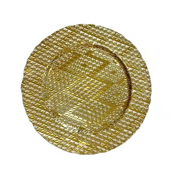 Factory Irregular Wedding Event Party Dining Room 13 Inch Plastic Plate Gold Geometry Grid Shape Charger Plate