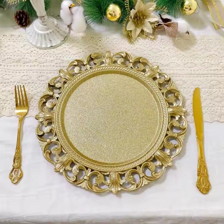 Customized 13 Round Golden Reef Dinner Plates for Weddings Plastic Underplate Modern Design Elegant Gold Charger Plates