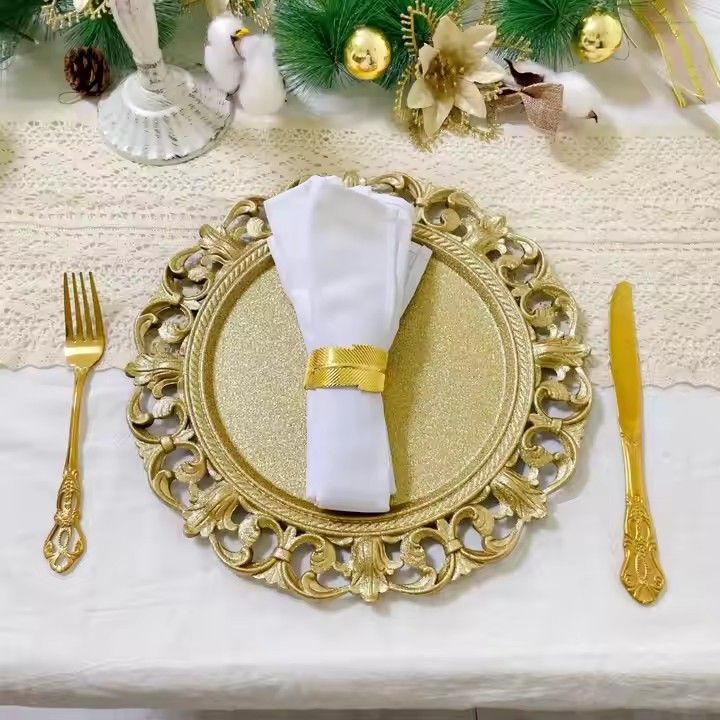 Customized 13 Round Golden Reef Dinner Plates for Weddings Plastic Underplate Modern Design Elegant Gold Charger Plates