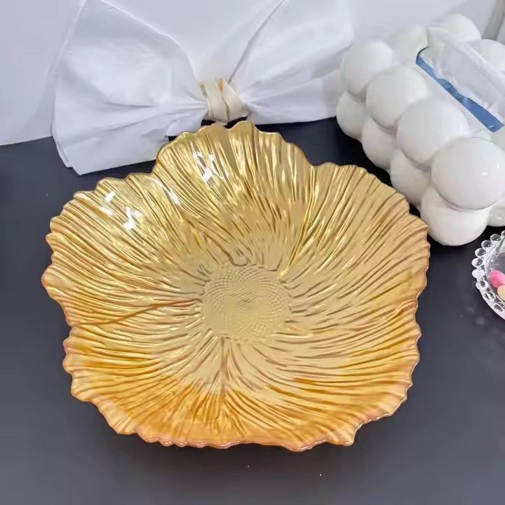 High Quality Luxury 10 Inch Gold Flower Plastic Fruit Plate Candy Chocolate Plate for Party