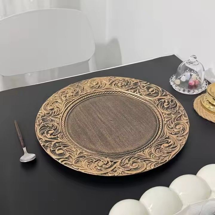 Luxury Wedding Event Decoration Elegant Retro 13" Round Gold Plastic Charger Base Plates for Party