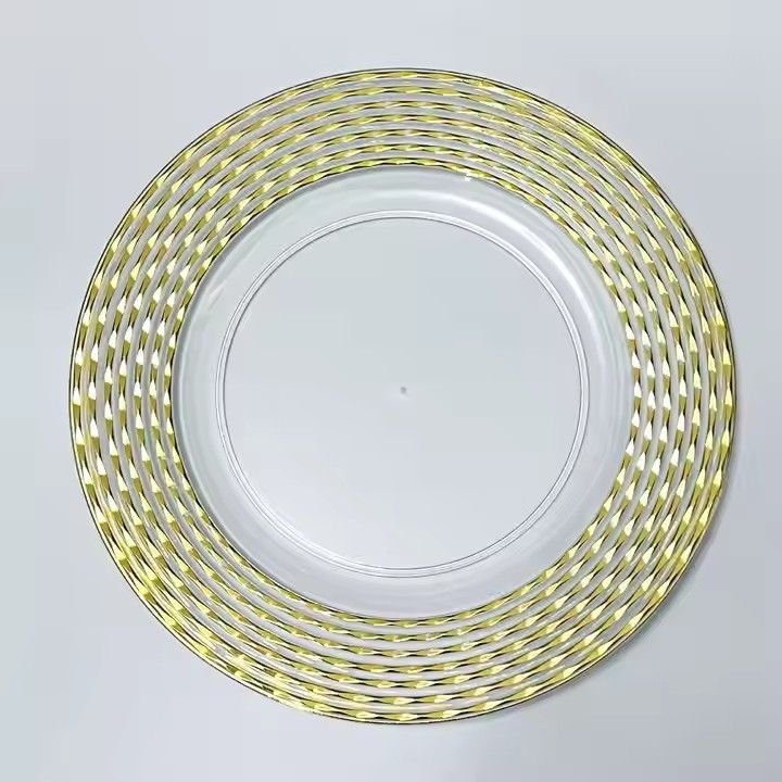 2024 New Arrival Table Decoration Plastic Round 13 Inch clear Gold Rim Charger Plates Dinner Plates for Wedding