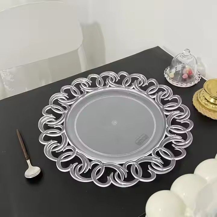 Transparent Hollow Round Plastic Durable Wedding Decorate Plastic Charger Plate