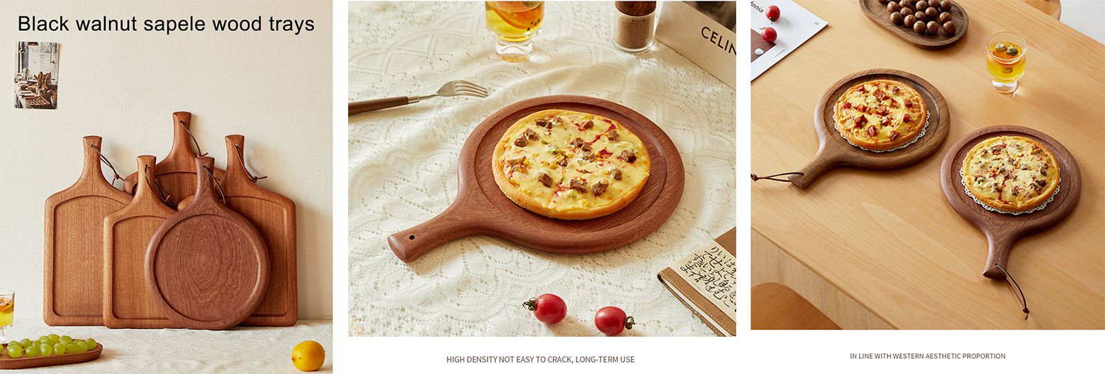 Modern Acacia Wood Pizza Board Solid round and Square Walnut Wood Steak Plate for Restaurant western food Serving