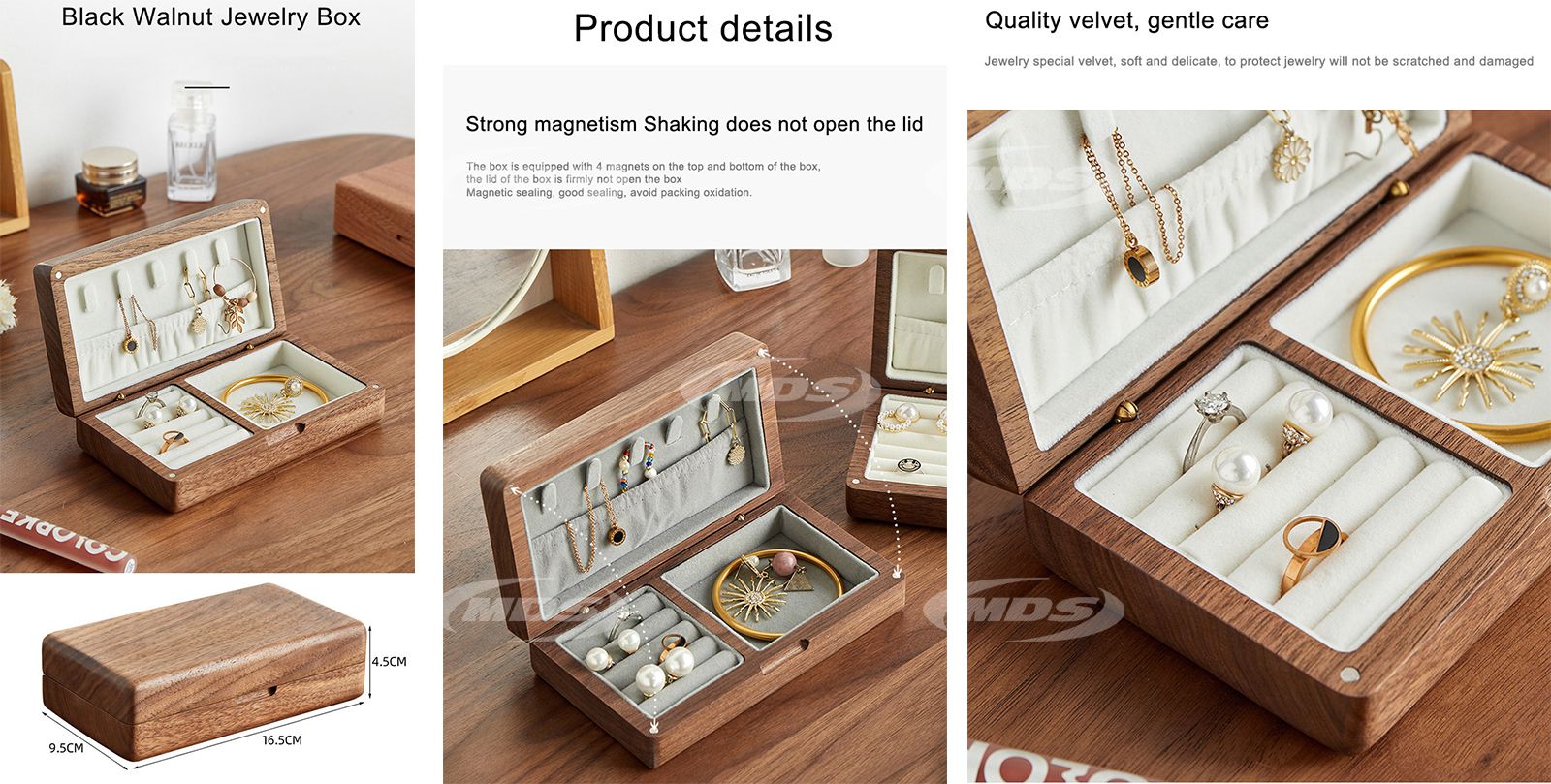 Black Walnut Wooden Jewelry Storage Box Rings Earrings Bracelets Engraved Logo Custom Wood Jewelry Box