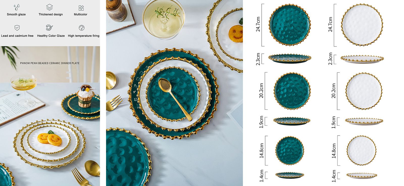 Custom Logo Party Wedding Green White Ceramic Steak Dinner Plate Gold Rim Beaded Charger Plate